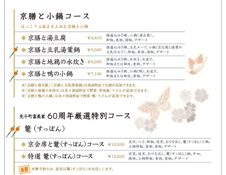 京膳と小鍋コース〜ほっこり心温まる上品な京膳と小鍋・60周年厳選特別コース〜すっぽん